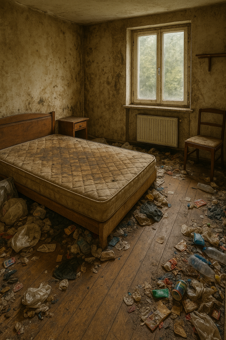 Chambre dégradée à Lyon avec matelas sale et déchets au sol avant intervention Speed 3D