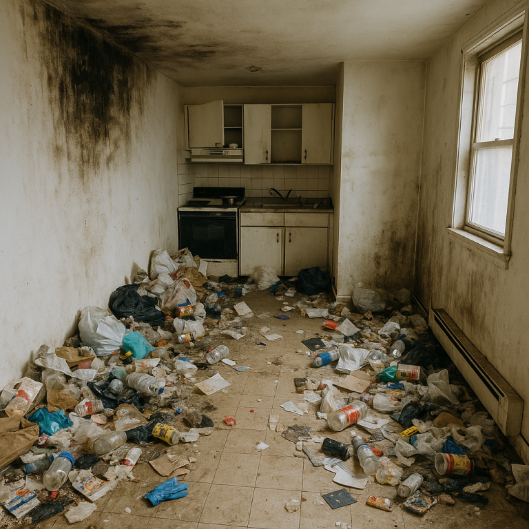 Appartement lyonnais très sale avec déchets, murs moisis et saleté avant nettoyage professionnel