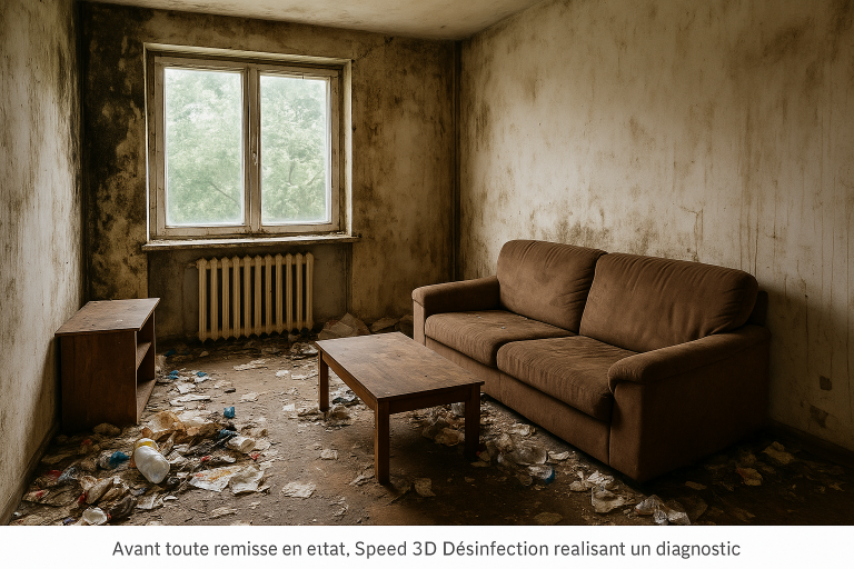 Salon abandonné à Lyon avec murs moisis, canapé abîmé et sol jonché de déchets avant intervention Speed 3D Désinfection