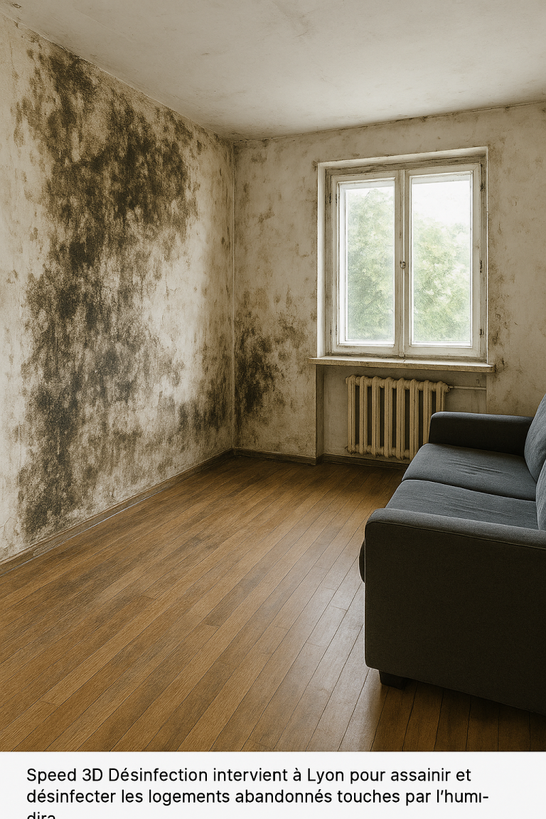 Technicien Speed 3D Désinfection en combinaison blanche utilisant un pulvérisateur dans une cuisine lyonnaise