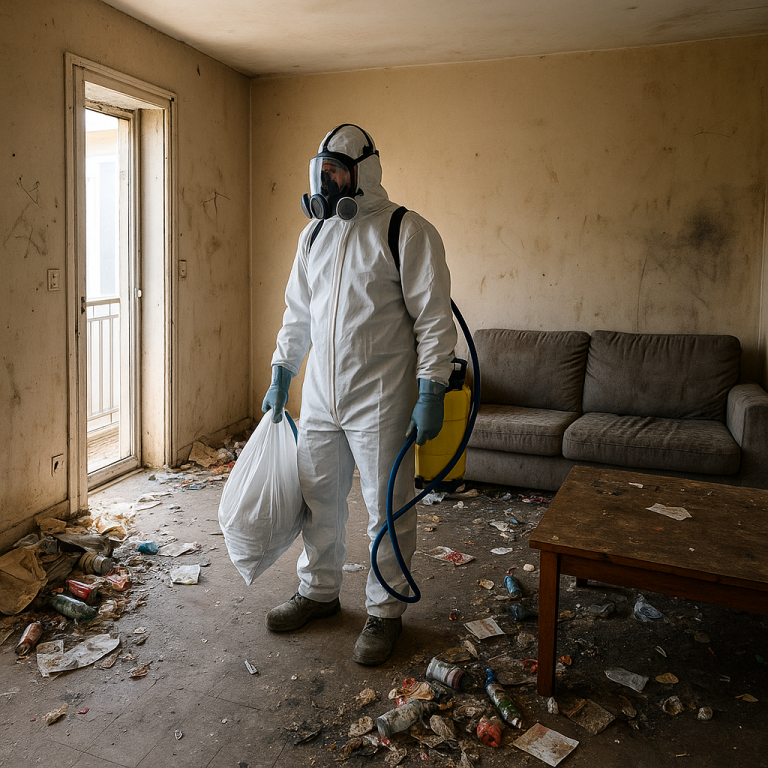 Agent Speed 3D Désinfection en combinaison blanche nettoyant un logement vandalisé à Lyon