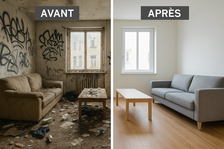Comparatif avant/après d’un appartement vandalisé à Lyon restauré par Speed 3D Désinfection