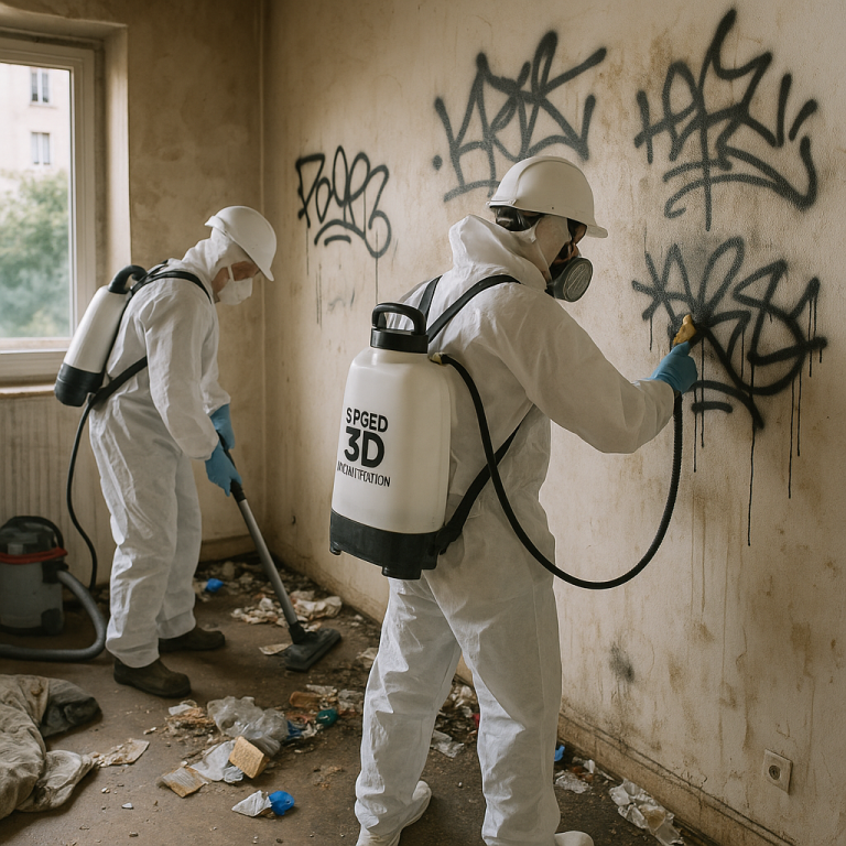 Deux techniciens Speed 3D Désinfection en combinaison blanche nettoyant un appartement vandalisé à Lyon